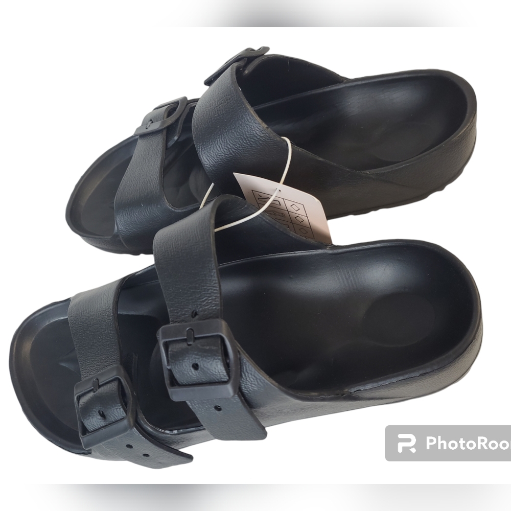 DL Comfort Slides Men 8 Black Double Buckle Slip-on Adjustable Flat Sandals New